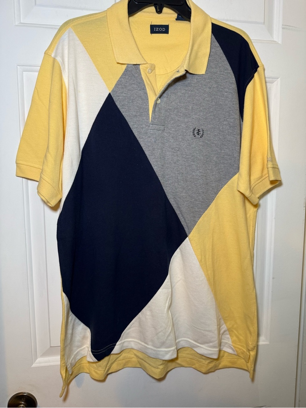Izod Men’s Colorblock Polo Shirt MEDIUM Yellow White Black Gray Cotton Preppy